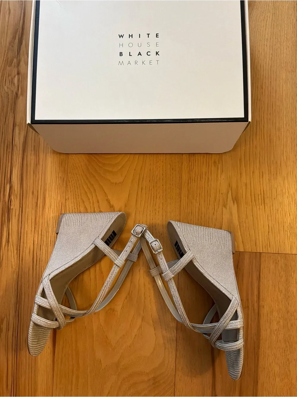 White House Black Market Light Beige/Gray Strappy Wedge Sandals, Size 7.5